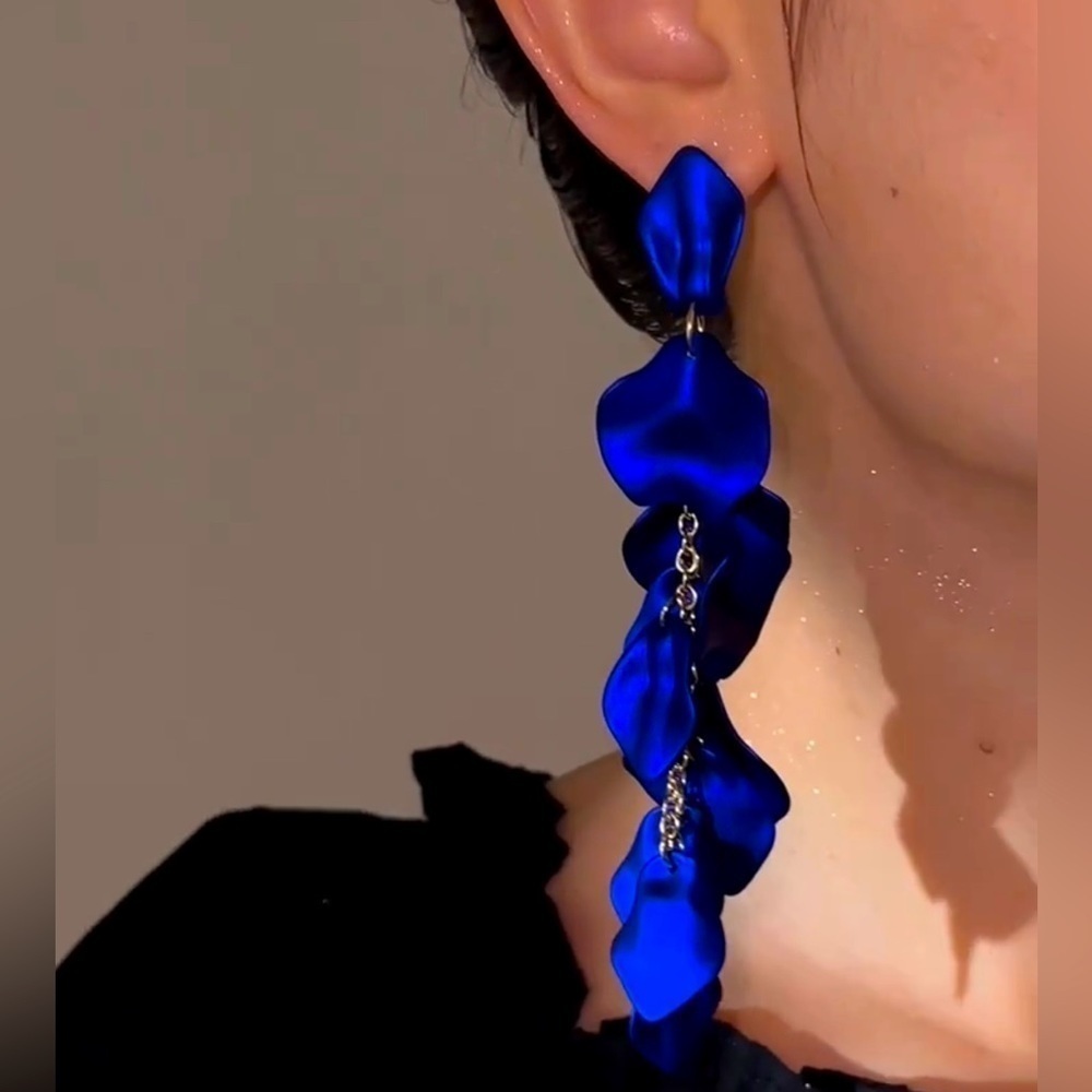 Colorful Bright Blue Rose Petal Dangle Earrings